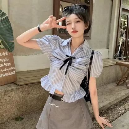 Bow-rinked Striped Shirt for Women Summer French Sweet and Spicy Puff Sleeve Shirt Short Short Sleeve Top    Home Decor Supply | Online Retail | ShoreShopper.com