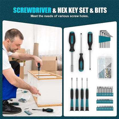 Tool Kit 206PCS with Drill - 12V Cordless Power Drill Combo Home Tool Set - Portable Basic General Household Toolbox for Repair - ShoreCo.Shop