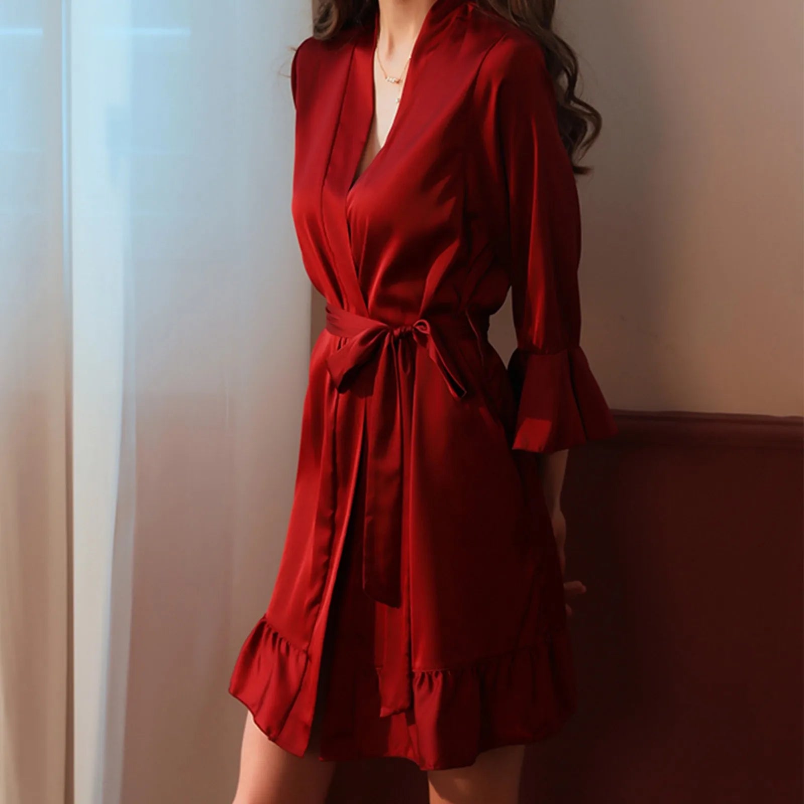 Sexy Flare Sleeve Kimono Gown Women Wedding Robe Silk Rayon Home Dress Elegant Ruffle Sleepwear Cozy Nightgown Intimate Lingerie - ShoreCo.Shop