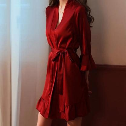 Sexy Flare Sleeve Kimono Gown Women Wedding Robe Silk Rayon Home Dress Elegant Ruffle Sleepwear Cozy Nightgown Intimate Lingerie - ShoreCo.Shop