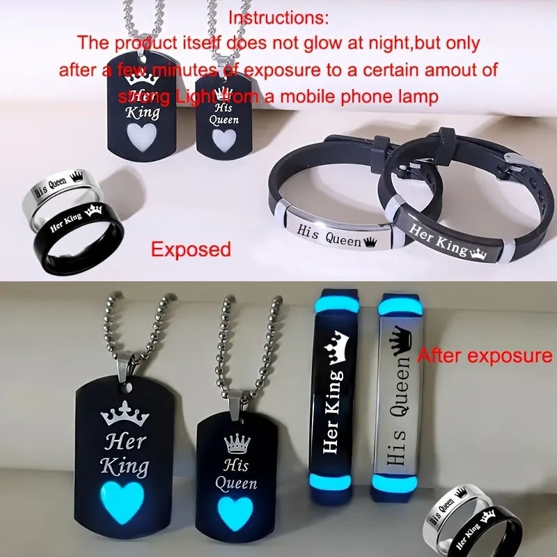 Stainless Steel Luminous Her King&His Queen Crown Jewelry Sets for Women Necklace Bracelet Ring Statement Couple Jewelry Gifts    Home Decor Supply | Online Retail | ShoreShopper.com