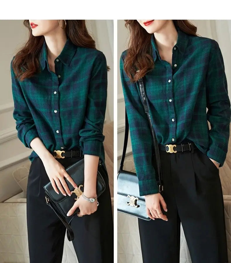 Women's Shirt New Spring Autumn Long Sleeve Single-breasted Polo-neck Casual Printing Plaid Office Lady Elegant Fashion Cardigan    Your Coastal Marketplace | Shoreshopper.com