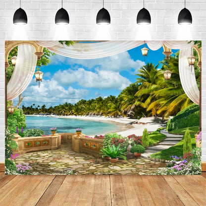 Summer Seaside Beach Photography Backdrop Natural Scenery Castle Tropical Sunshine Palms Leaves Photo Background Studio Props    Your Coastal Marketplace | Shoreshopper.com