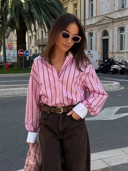 HH Women Spring Casual Shirt Pink Striped Lapel Long Sleeve Single Breasted Fashion Female Elegant Loose Versatile Blouse Mujer