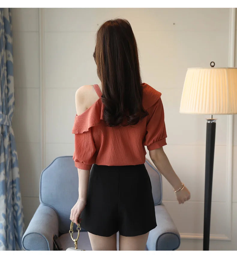 Women's Shirt Tops One-Shoulder Ruffles Short-sleeved Chiffon Blouse    Your Coastal Marketplace | Shoreshopper.com
