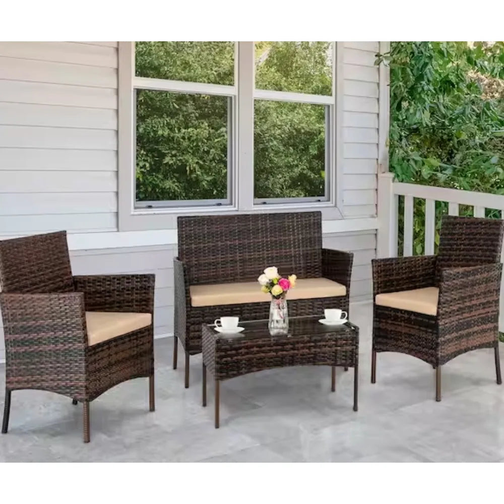 Outdoor Furniture with Soft Cushion and Glass Table, All Weather Manual Weaving Wicker Rattan Patio Chairs for Garden    Home Decor Supply | Online Retail | ShoreShopper.com