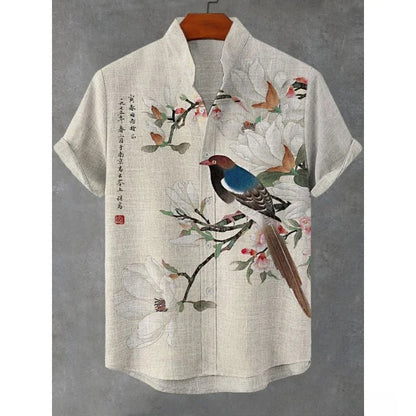 Men's Japanese Parrot Sakura Art Print Casual Shirt Men Blouses Summer Stand Collar Shirts Hawaiian Top Streetwear    Home Decor Supply | Online Retail | ShoreShopper.com