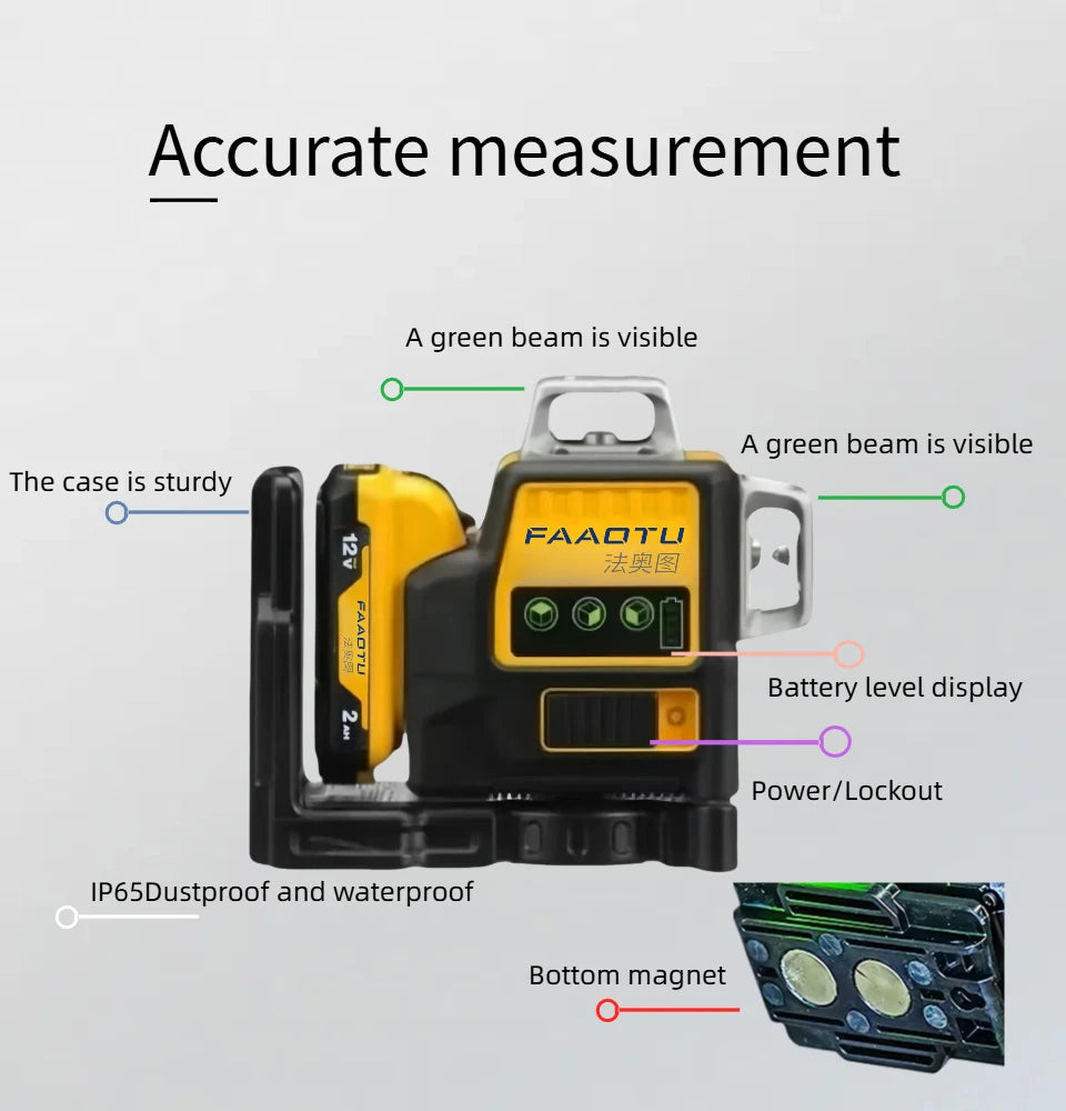 FAAOTU DW089LG 12 Lines 3 Sides 360 Degree Vertical 12V Lithium Battery Laser Level Horizontal Green Meter Outdoor - ShoreCo.Shop