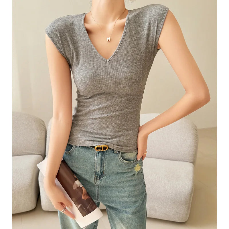 T-shirt for Women 2025 Summer New V-neck Front Shoulder Slim Fit Slim and Hiding Secondary Breast Basic Temperament Top    Your Coastal Marketplace | Shoreshopper.com