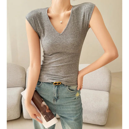 T-shirt for Women 2025 Summer New V-neck Front Shoulder Slim Fit Slim and Hiding Secondary Breast Basic Temperament Top    Your Coastal Marketplace | Shoreshopper.com