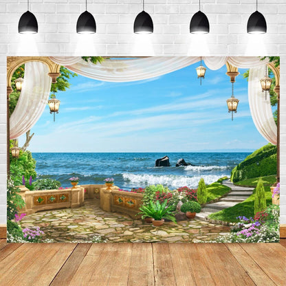 Summer Seaside Beach Photography Backdrop Natural Scenery Castle Tropical Sunshine Palms Leaves Photo Background Studio Props    Your Coastal Marketplace | Shoreshopper.com