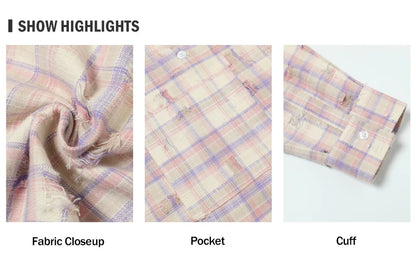 Ripped Plaid Long Sleeve Shirts Mens Pocket Autumn High Street Loose Lapel Single Breasted Checked Shirt Men    Home Decor Supply | Online Retail | ShoreShopper.com