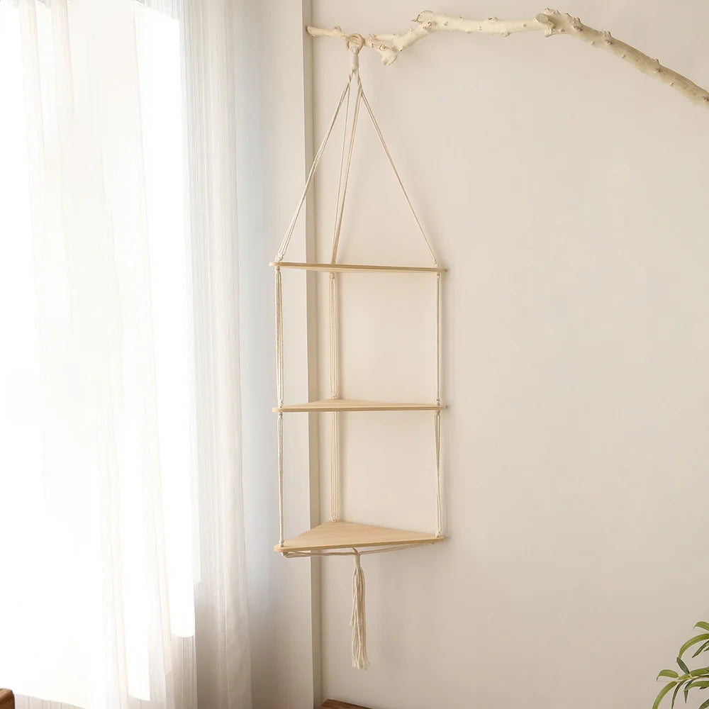 Corner Shelf Macrame Wall Hanging Wood Floating Shelves Rustic Boho Wall Shelf Decor Storage Rack for Plants Pots Photo Frames    Home Decor Supply | Online Retail | ShoreShopper.com