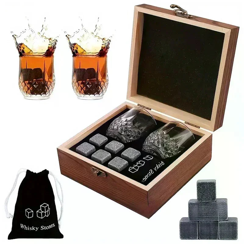 Father'S Day Gift For Men Whiskey Stones Set 8 Pcs Granite Ice Cubes+ 2 Pcs Cups For Whisky In Wooden Bottle Box Present For Dad    Your Coastal Marketplace | Shoreshopper.com