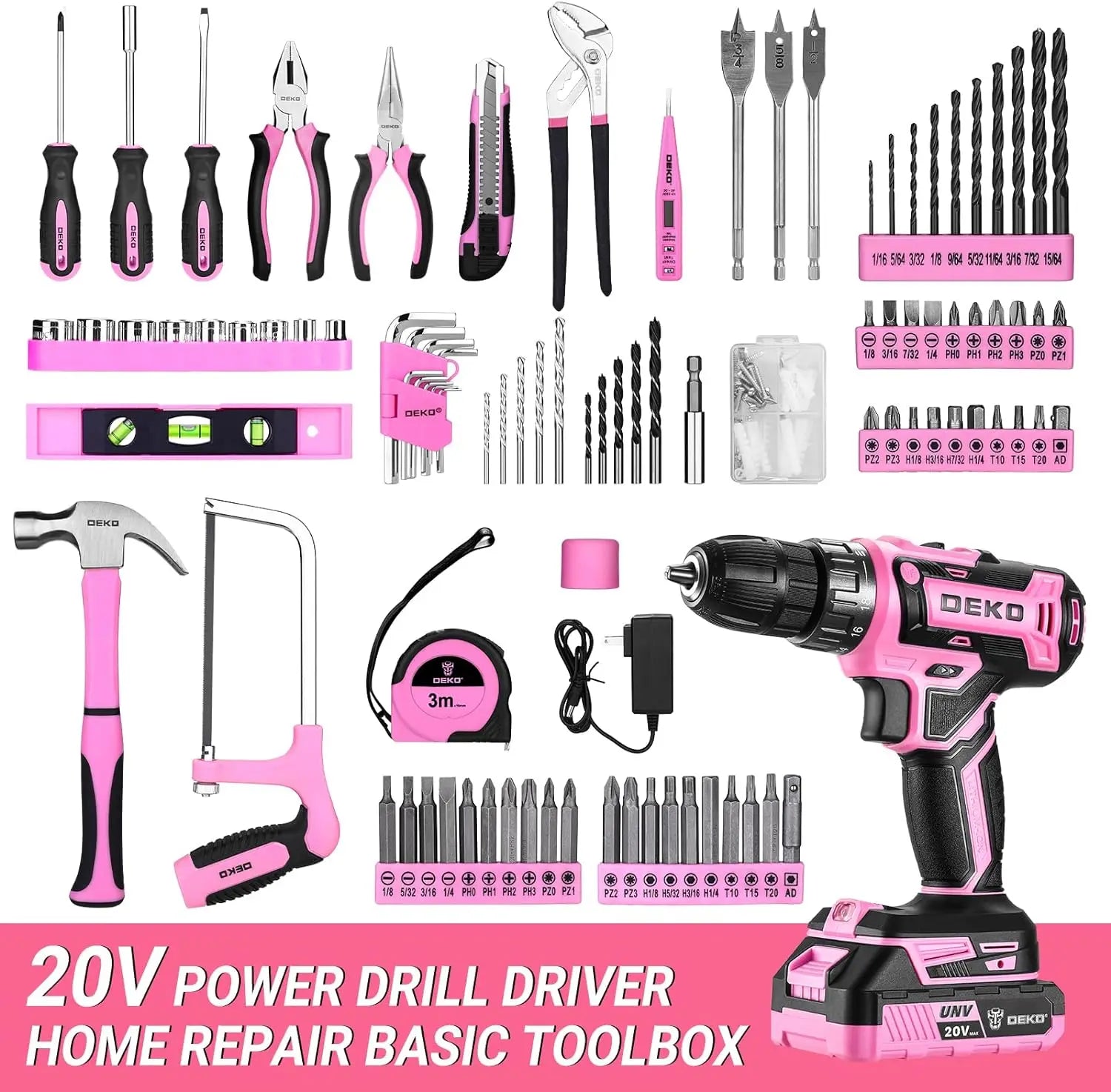 DEKO Pink Drill Tool Kit Set: 20V Cordless Power Drill Tool Box with Battery Electric Drill Driver    Home Decor Supply | Online Retail | ShoreShopper.com