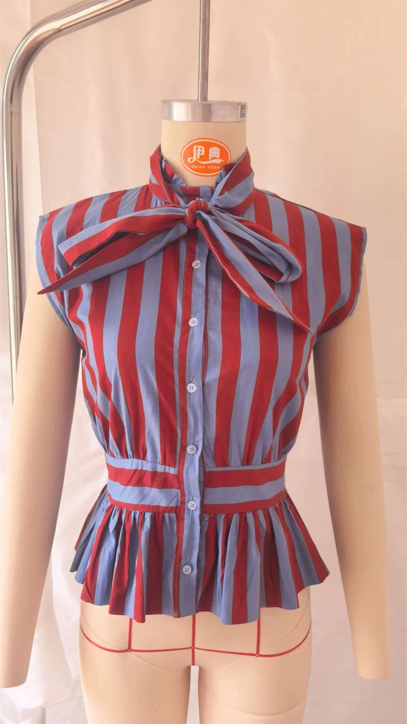 Women's Shirt 2026 Summer New Style Striped Sleeveless Waist-Fitted Shirt with Bow Decoration Romantic Style Personality Fashion    Your Coastal Marketplace | Shoreshopper.com