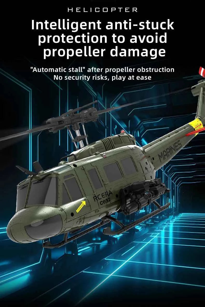 RC ERA Weathered Marine C032 UH1Huey One Click Inverted Flight TOF Optical Flow Gyro Stabilized RC Helicopter for Adults