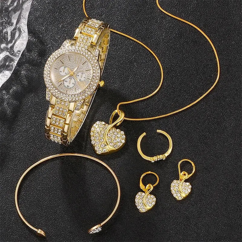 Women's Quartz Watch Gold Luxury Women Ring Necklace Earring Rhinestone Fashion Wristwatch Casual Ladies Watches Jewelry Set    Home Decor Supply | Online Retail | ShoreShopper.com