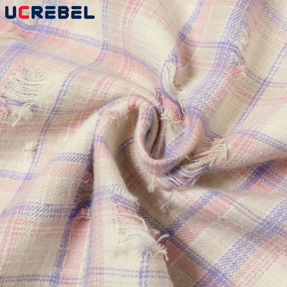 Ripped Plaid Long Sleeve Shirts Mens Pocket Autumn High Street Loose Lapel Single Breasted Checked Shirt Men    Home Decor Supply | Online Retail | ShoreShopper.com