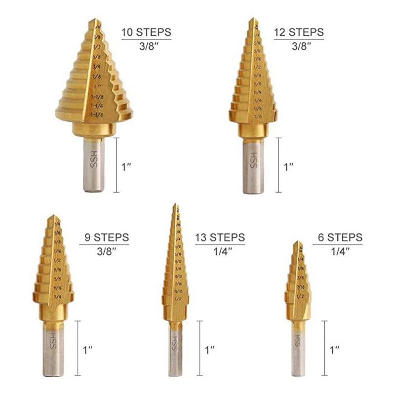Step Drill Bit Set 5-Piece Titanium-Coated High Speed Steel with Automatic Center Punch for Drilling Sheet Metal Step Drill Bit    Home Decor Supply | Online Retail | ShoreShopper.com