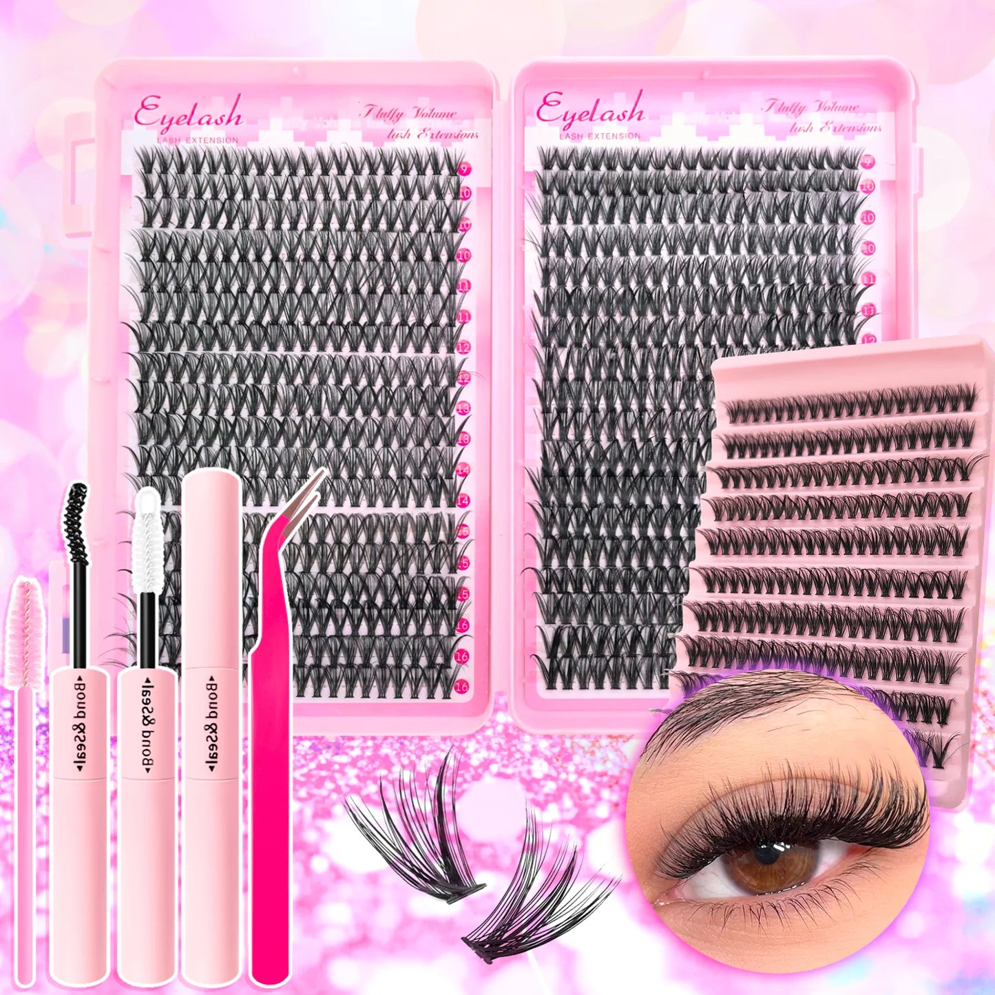 720/200pcs eyelash Extension Kit Fluffy Eyelash Extension kit with Lash Bond and Seal Lash Tweezers Thick Lash Clusters Wispy - ShoreCo.Shop