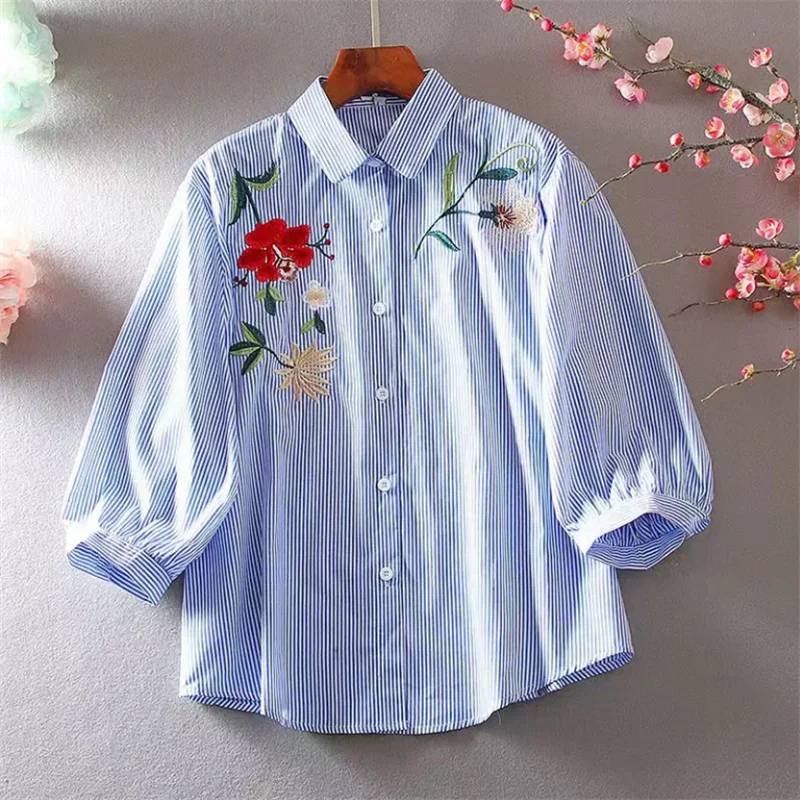 Embroidered Shirt For Women Blouse Artistic Blous Retro Woman Blouse Loose Top Lapel Cardigan Summer Leisure Woman Clothes Shirt    Your Coastal Marketplace | Shoreshopper.com