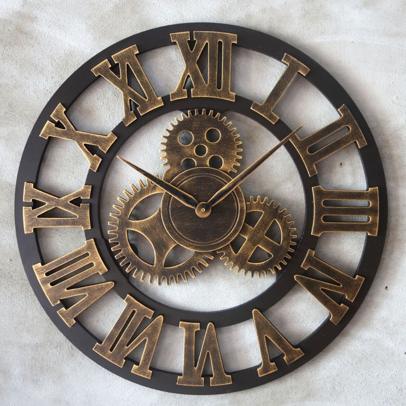 Vintage Style Industrial Wall Clock with Roman Numerals Visible 3D Gears 11"-17" Gold or Silver    Home Decor Supply | Online Retail | ShoreShopper.com