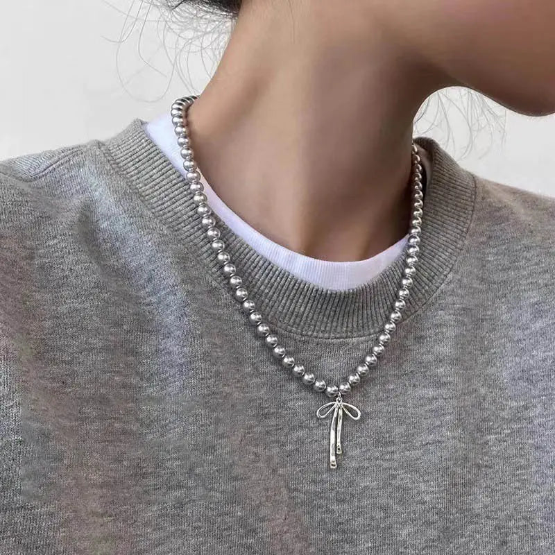 Fashionable Choker with Pendant Graceful Bowknot Pendant Choker Necklace with Gray Pearls Neck Jewelry Accessories    Home Decor Supply | Online Retail | ShoreShopper.com