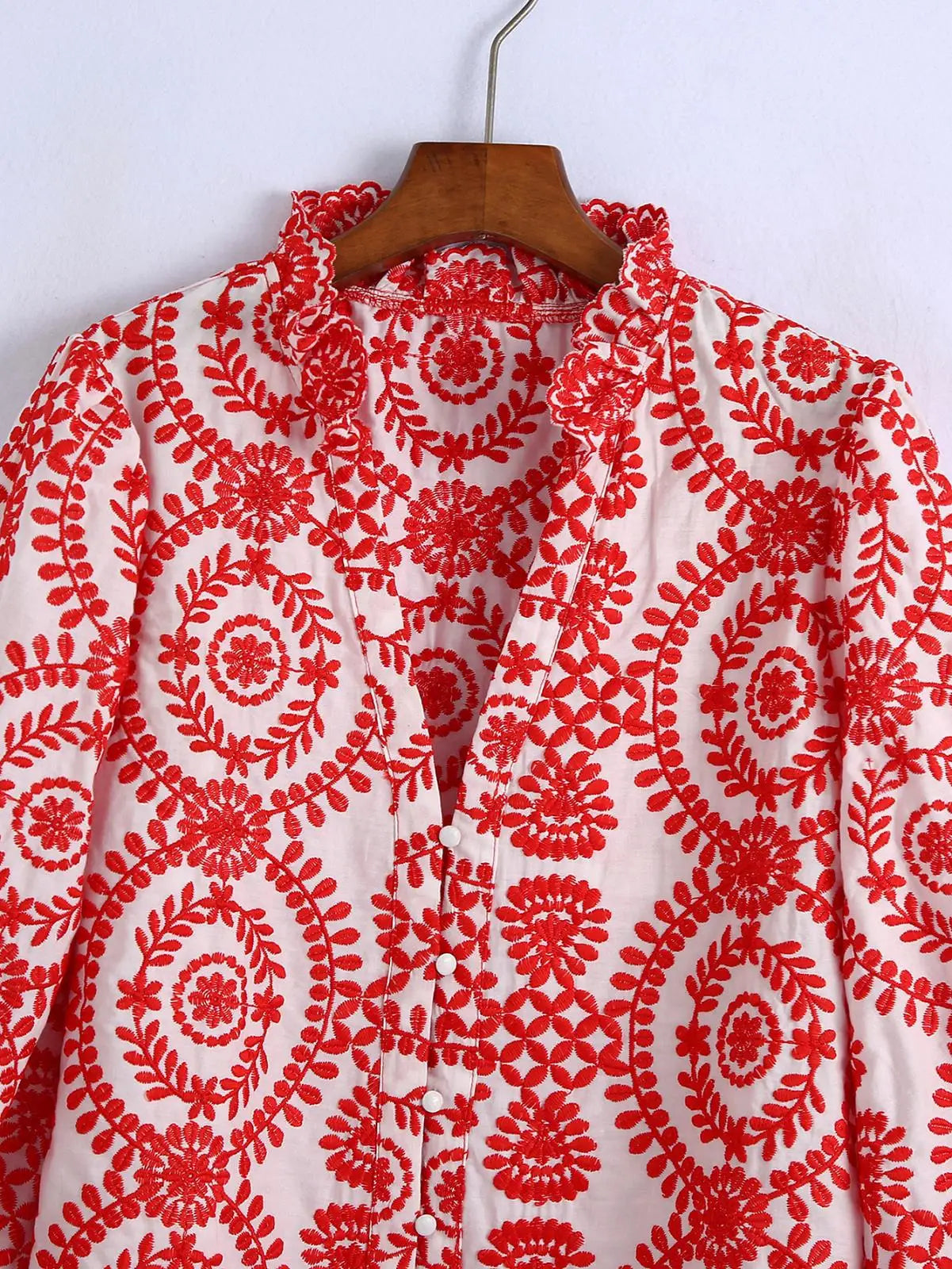 Women Red Floral Embroidered Shirt V Neck Long Sleeve Blouse Down Bohemian T-Shirt Casual Vacation Style Summer Clothing    Your Coastal Marketplace | Shoreshopper.com