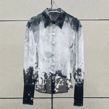 Women's shirt 2026 summer new single breasted slim fit women's long sleeved top Half perspective Ink printed Women's blouse y2k    Your Coastal Marketplace | Shoreshopper.com