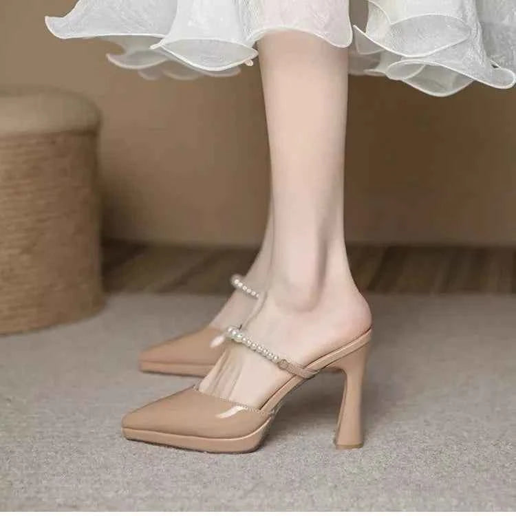 Women Slippers Female Shoes Pointed Toe Mules for Women 2024 Thin Heels Slippers Soft Beige Heeled Slides Fashion New Comfort