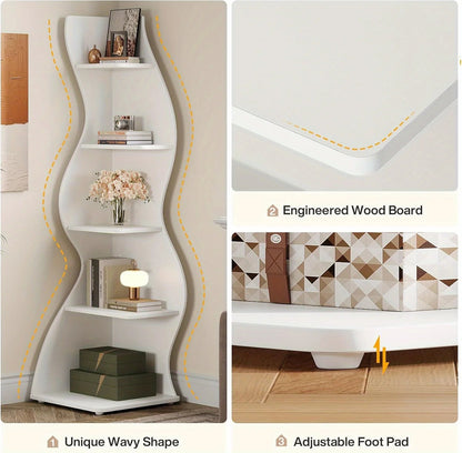 5-Tier Wave Bookshelf  Modern curved corner shelf with metal frame and wooden shelves, white finish, sturdy floor design bedroom    Home Decor Supply | Online Retail | ShoreShopper.com