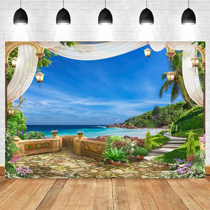 Summer Seaside Beach Photography Backdrop Natural Scenery Castle Tropical Sunshine Palms Leaves Photo Background Studio Props    Your Coastal Marketplace | Shoreshopper.com