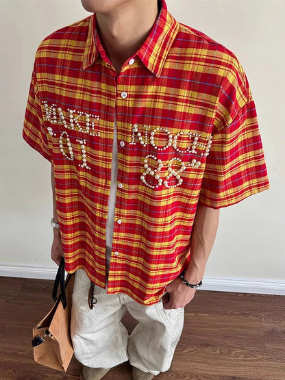 Trendy Pearls Stitching Shirts For Men 2025 Summer New Casual Plaid Shirt Mens Vintage Button-up Turn-down Collar Cardigan Tops    Home Decor Supply | Online Retail | ShoreShopper.com