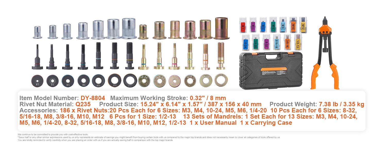 SucceBuy 14" 16" Rivet Nut Tool Rivnut Tool Kit with Metric and SAE Mandrels 70PCS/186PCS Rivet Nuts With Rugged Carrying Case    Home Decor Supply | Online Retail | ShoreShopper.com