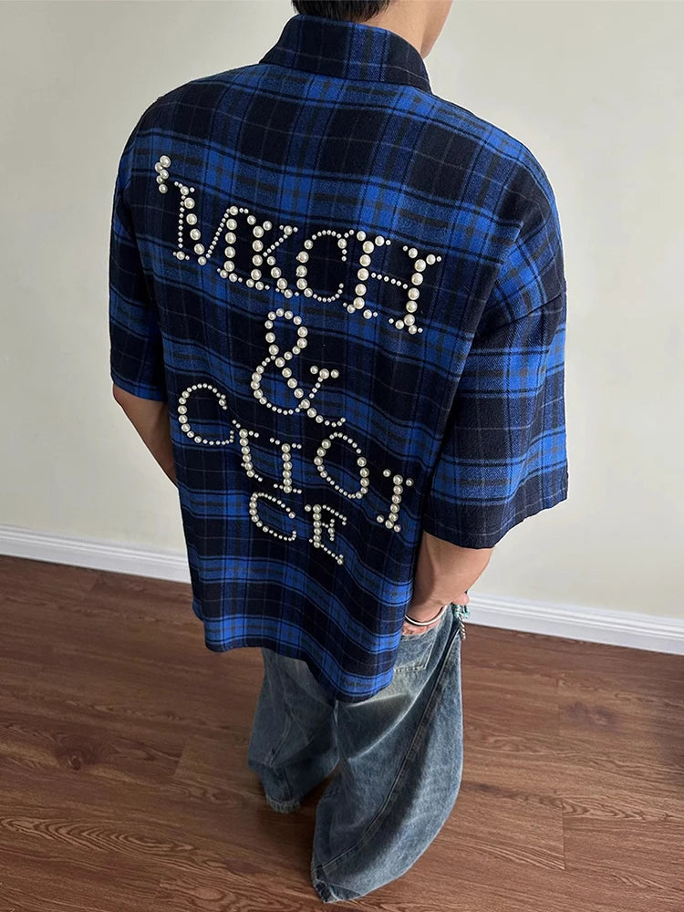 Trendy Pearls Stitching Shirts For Men 2025 Summer New Casual Plaid Shirt Mens Vintage Button-up Turn-down Collar Cardigan Tops    Home Decor Supply | Online Retail | ShoreShopper.com