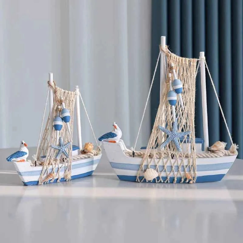 2025 Mediterranean Style Wooden Sailing Boat Model Ocean Style Desktop Ornament Crafts Small Wood Boat Kids Room Home Decor Gift