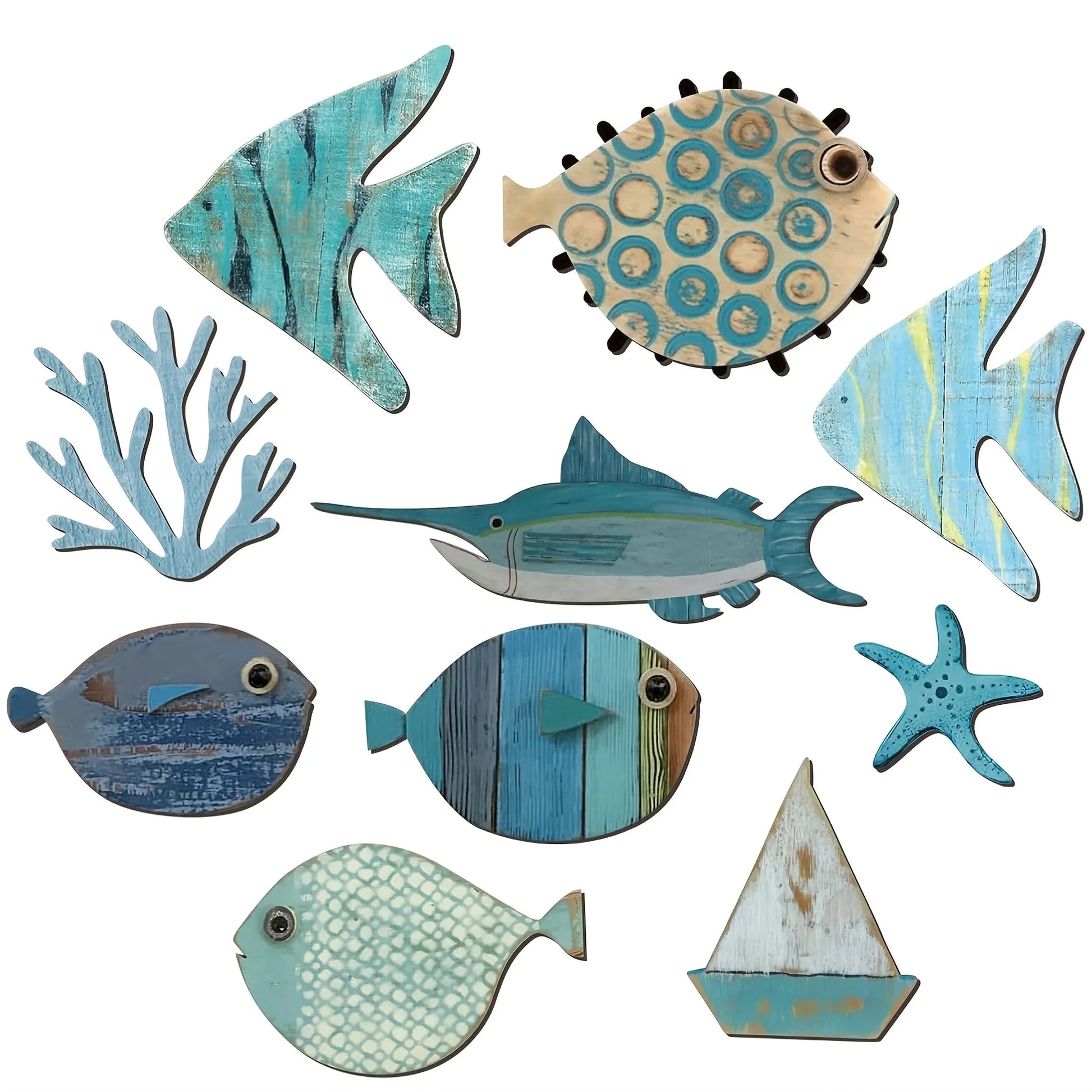 Nautical Coastal Ocean Home Wall Decor 10pcs Wooden Fish Hanging Ornament Non-3D Cute Pattern Beach Theme Bathroom Art Decor    Your Coastal Marketplace | Shoreshopper.com