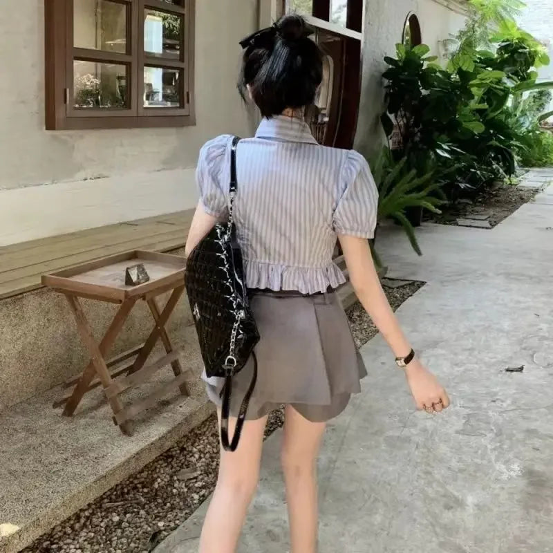 Bow-rinked Striped Shirt for Women Summer French Sweet and Spicy Puff Sleeve Shirt Short Short Sleeve Top    Home Decor Supply | Online Retail | ShoreShopper.com