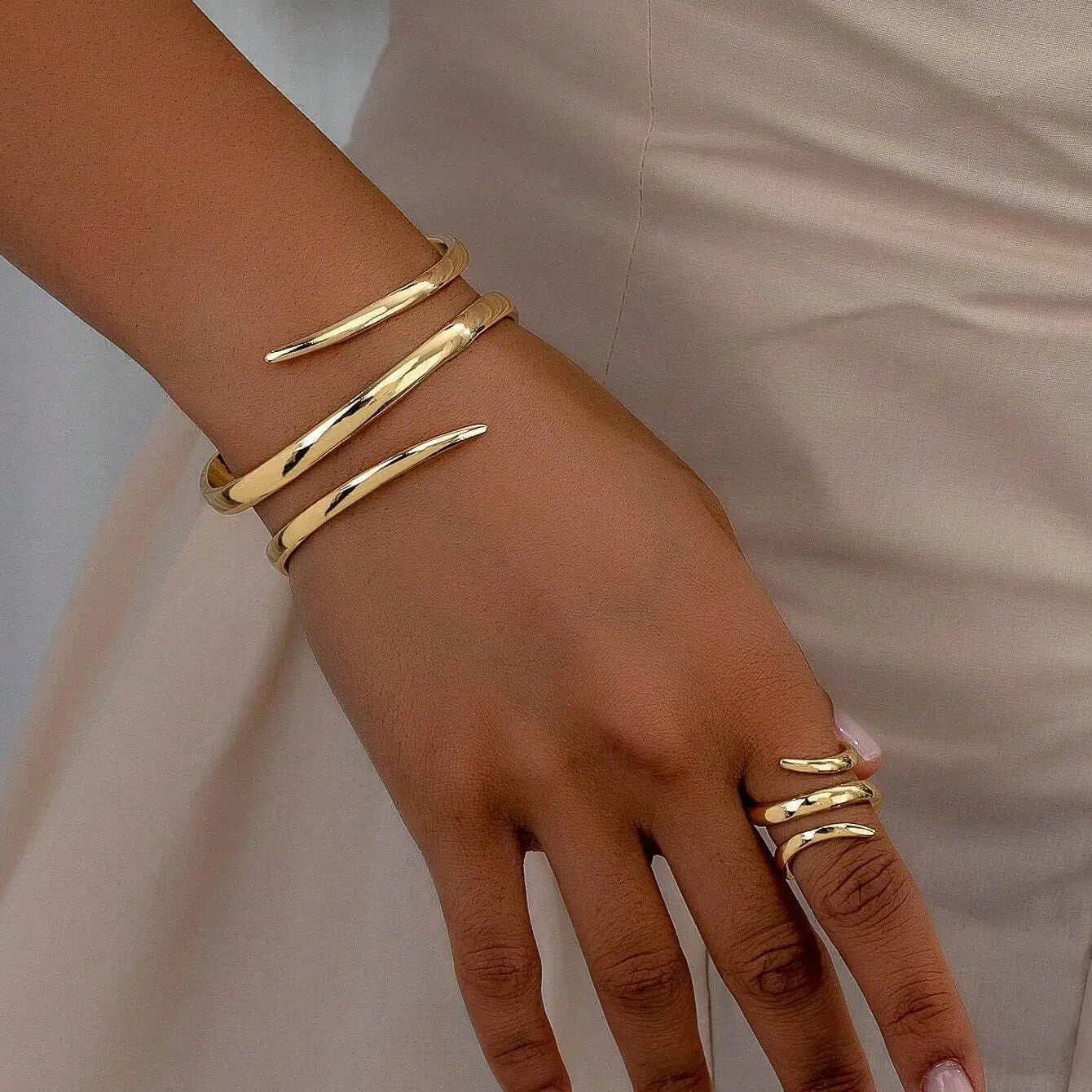 European and American Thick Bracelet and Ring Jewelry Set for Women Gold Color Geometric Line Bracelet Ring Combination Set Gift    Home Decor Supply | Online Retail | ShoreShopper.com
