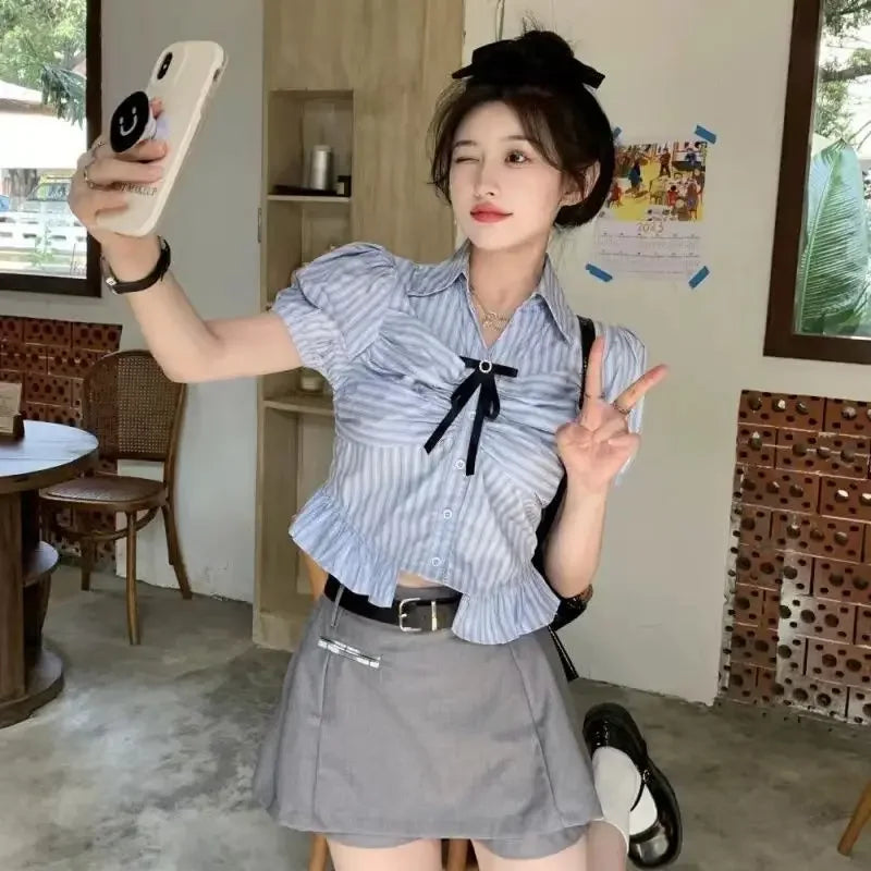 Bow-rinked Striped Shirt for Women Summer French Sweet and Spicy Puff Sleeve Shirt Short Short Sleeve Top    Home Decor Supply | Online Retail | ShoreShopper.com