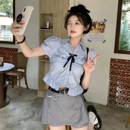 Bow-rinked Striped Shirt for Women Summer French Sweet and Spicy Puff Sleeve Shirt Short Short Sleeve Top    Home Decor Supply | Online Retail | ShoreShopper.com