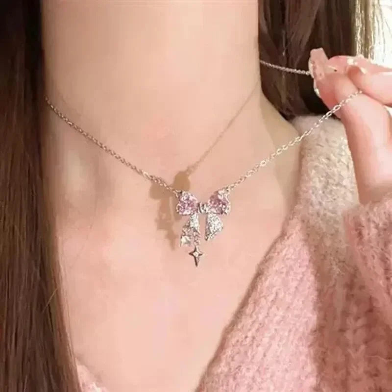 Fashion Fairy Pink Crystal Bow Knot Pendant Necklaces Y2K Girls Sweet Rhinestone Heart Clavicle Chain Women Jewelry Gifts    Home Decor Supply | Online Retail | ShoreShopper.com