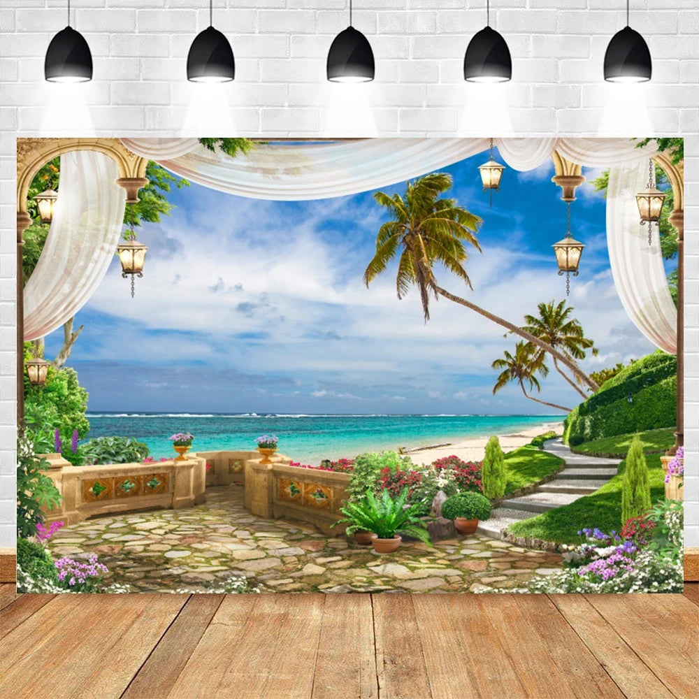 Summer Seaside Beach Photography Backdrop Natural Scenery Castle Tropical Sunshine Palms Leaves Photo Background Studio Props    Your Coastal Marketplace | Shoreshopper.com