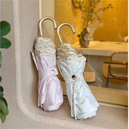 1pc Embroidered Sun Umbrella for Women Sun Protection and UV Protection All-weather Curved Hook Umbrella Folding Umbrella