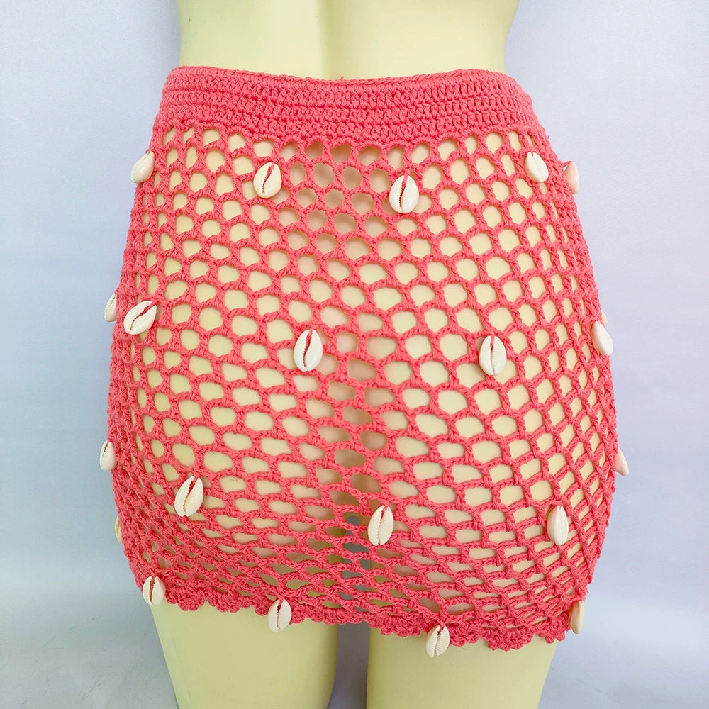 Women Beach Wear Swimsuit Cover-Ups Boho Summer See-Through Hollow Out Bandage High Waist Short Beach Skirt Crochet Knit Skirts    Your Coastal Marketplace | Shoreshopper.com