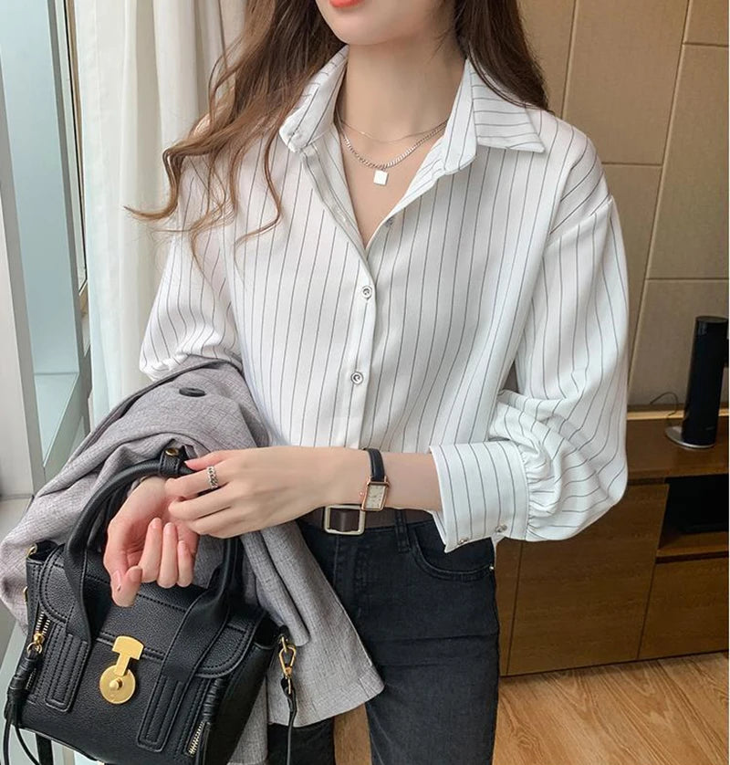 Striped Shirt Women Summer Vintage Chic Loose Long Sleeve Top Y2K Office Ladies Fashion Casual Turn Down Collar All Match Blouse    Your Coastal Marketplace | Shoreshopper.com