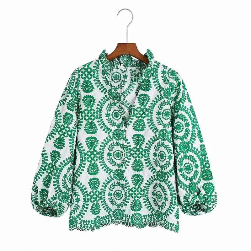 Women Red Floral Embroidered Shirt V Neck Long Sleeve Blouse Down Bohemian T-Shirt Casual Vacation Style Summer Clothing