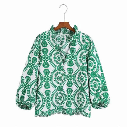 Women Red Floral Embroidered Shirt V Neck Long Sleeve Blouse Down Bohemian T-Shirt Casual Vacation Style Summer Clothing