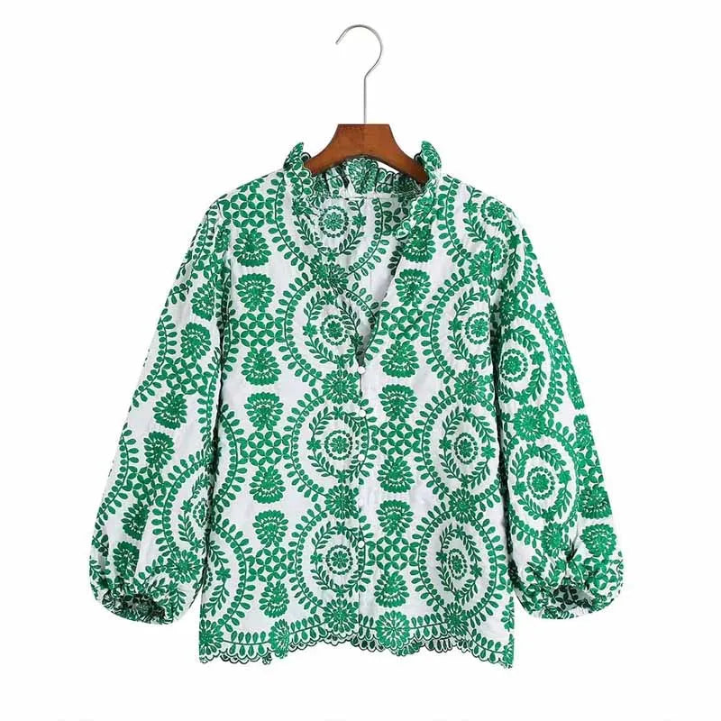 Women Red Floral Embroidered Shirt V Neck Long Sleeve Blouse Down Bohemian T-Shirt Casual Vacation Style Summer Clothing    Your Coastal Marketplace | Shoreshopper.com